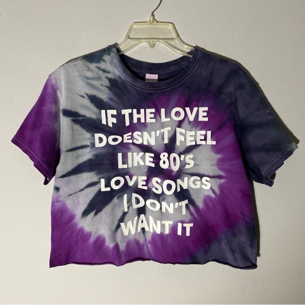 Vintage PURPLE TIE DYE 80s Love Songs Crop Tee T Shirt Top M